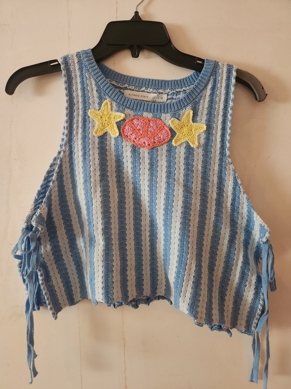 Altar'd State Blue & White Striped Knit Crop Top with Star & Shell Accent